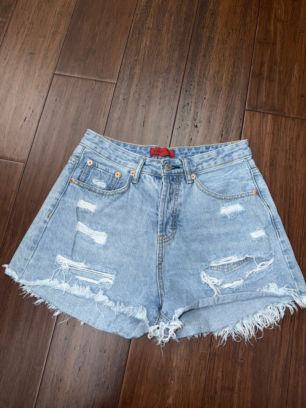 pair of Signature 8 Distressed High-Rise Denim Shorts Medium